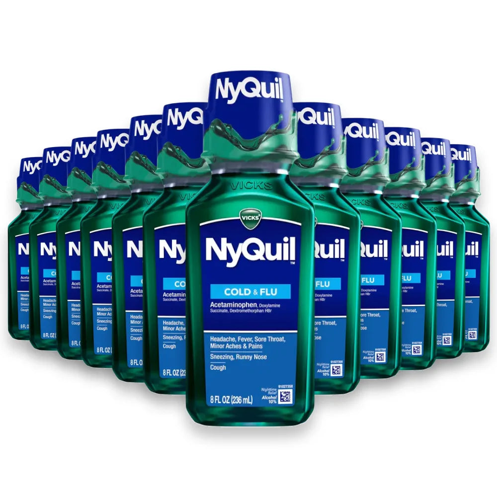 Vicks - NyQuil Cold and Flu Relief Liquid Medicine, Powerful Multi-Symptom Nighttime Relief - 8 Oz - 12 Pack