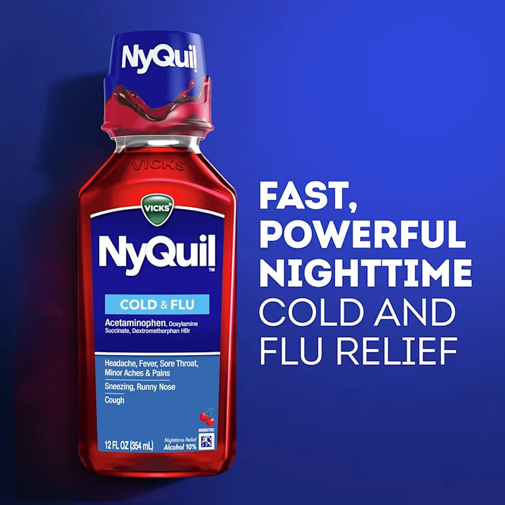 Vicks - NyQuil Cold and Flu Night Time Relief Liquid, Cherry - 8 Oz - 12 Pack