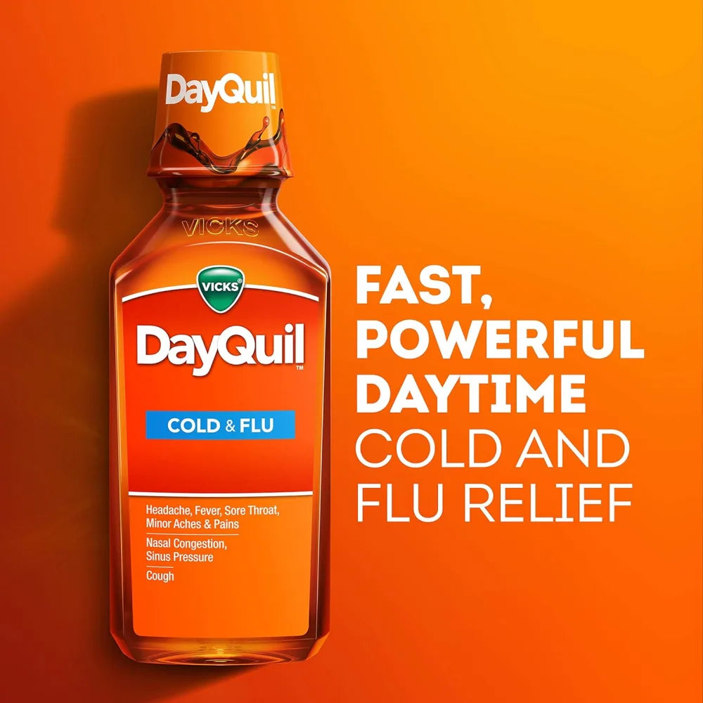 Vicks - DayQuil Cold and Flu Relief Liquid Medicine, Non-Drowsy Powerful Multi-Symptom Relief - 8 Oz - 12 Pack
