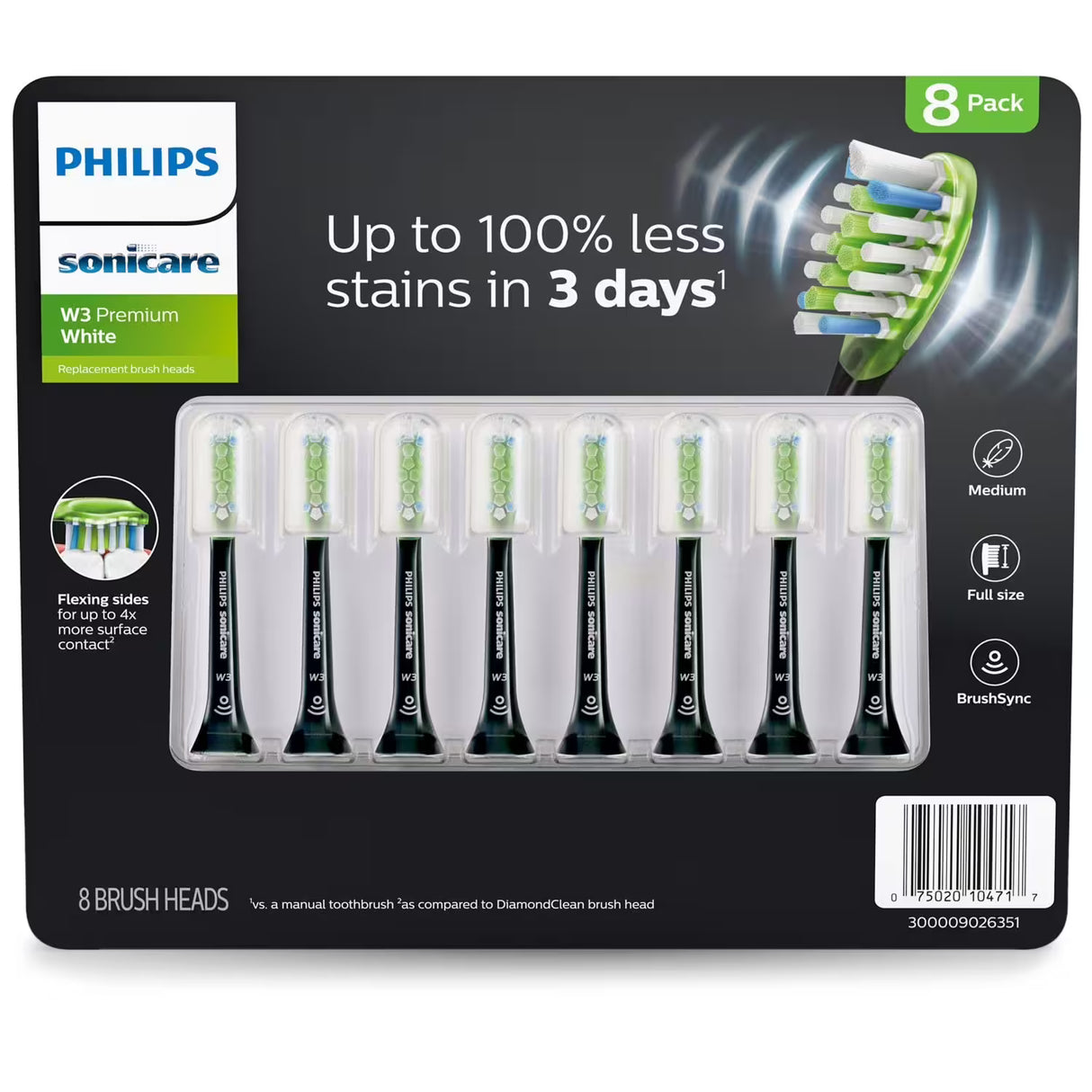 Philips Sonicare Premium Whitening Replacement Brush Heads, Black, 8 Ct