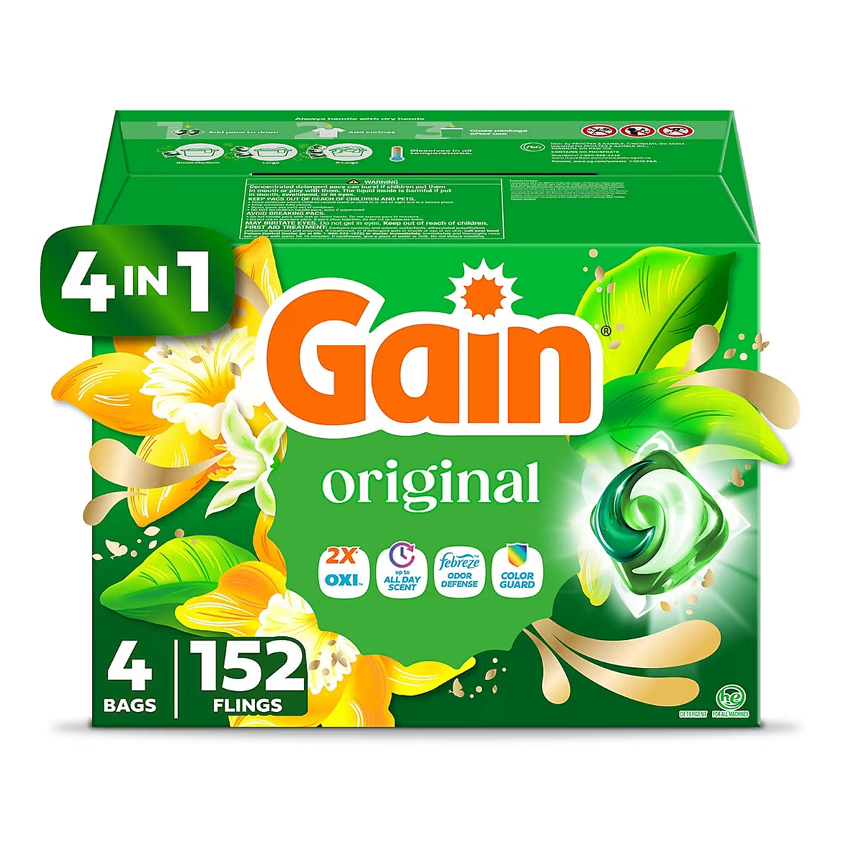 Gain Flings! Liquid Laundry Detergent Pacs, Original Scent - 152 ct