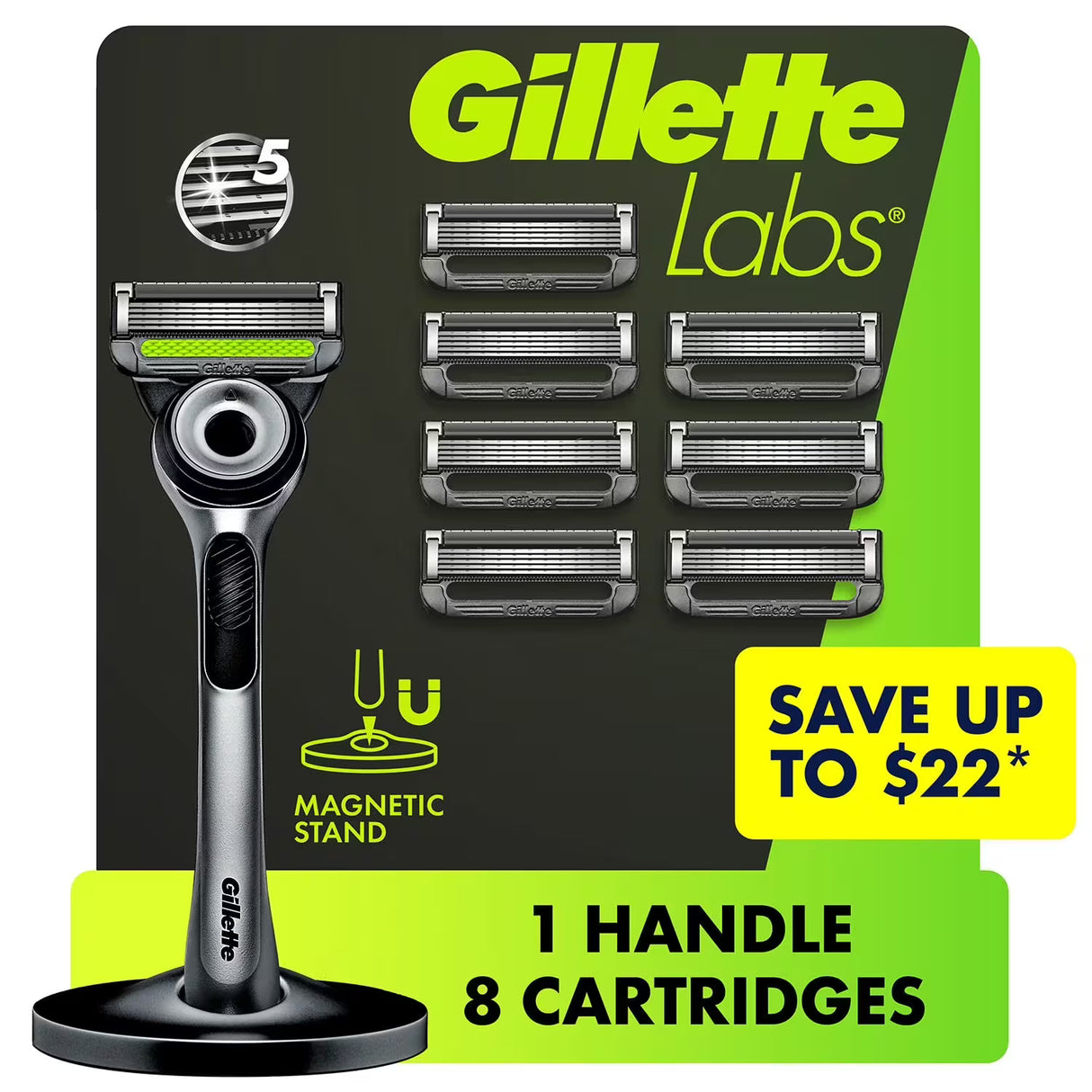 GilletteLabs Men's Exfoliating Razor, 5 Blade, Handle - 8 Cartridges