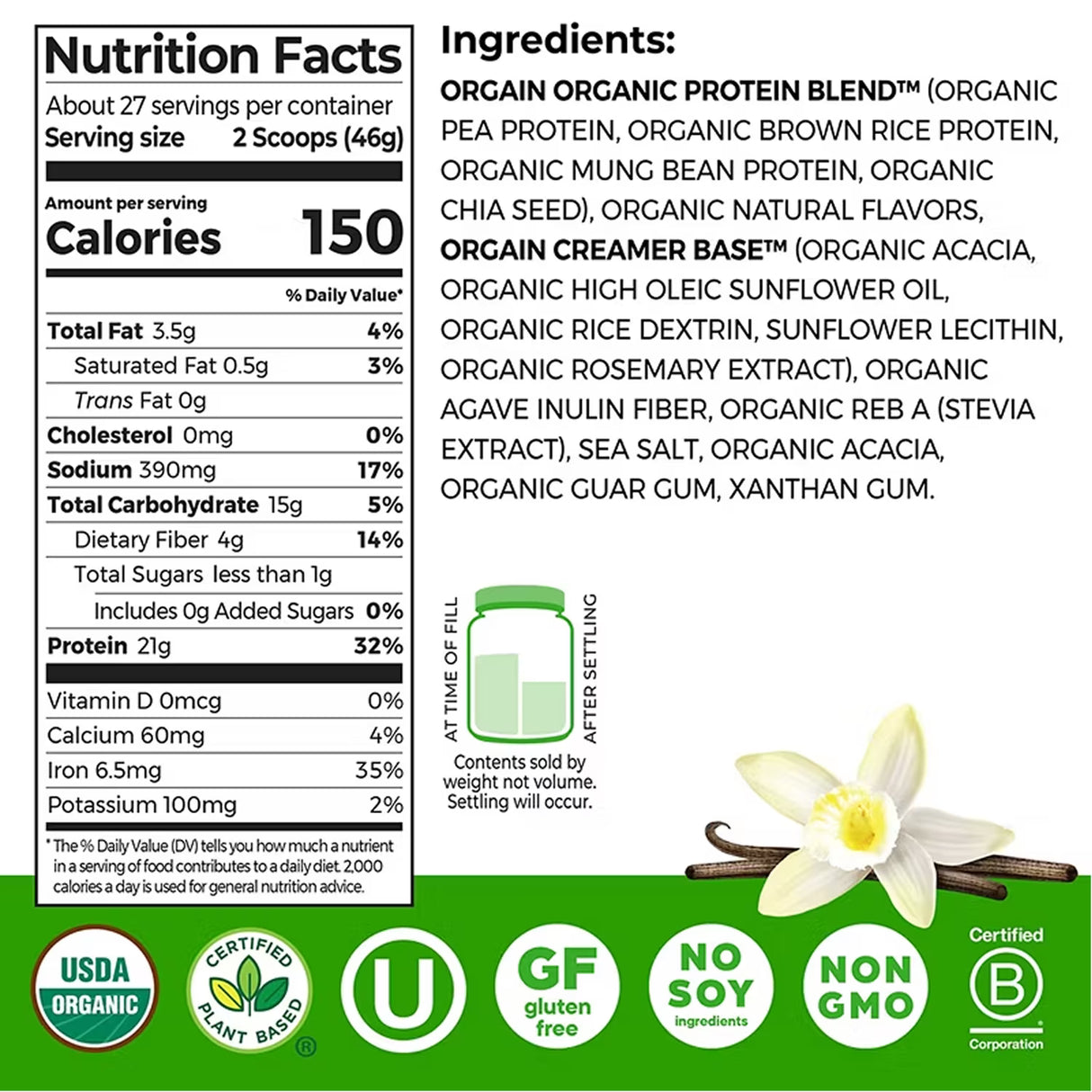 Orgain Plant-Based Protein Powder Vanilla Bean - 2.74lb