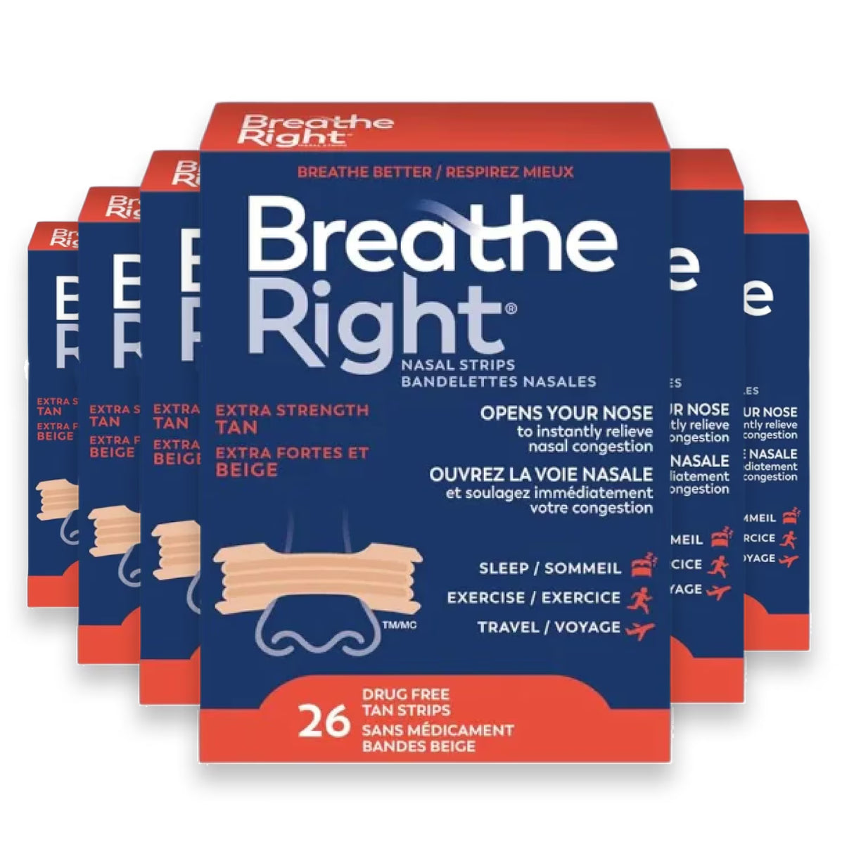 Breathe Right - Extra Tan Drug-Free Nasal Strips for Congestion Relief - 26 Ct Each - 24 Pack