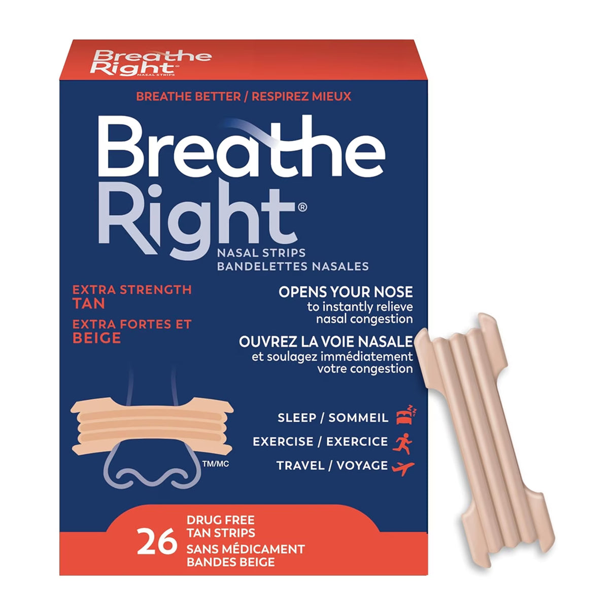 Breathe Right - Extra Tan Drug-Free Nasal Strips for Congestion Relief - 26 Ct Each - 24 Pack