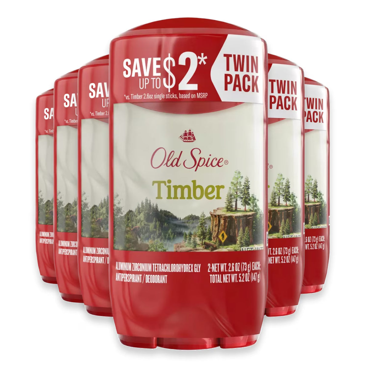 Old Spice Antiperspirant and Deodorant, Timber and Sandalwood, 2.6 oz Twin Pack - 6 Pack