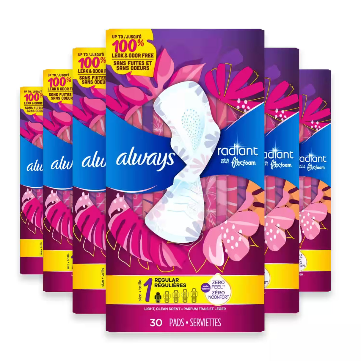 Always Radiant FlexFoam Pads with Wings, Scented, Size 1 30 Ct – 6 Pack