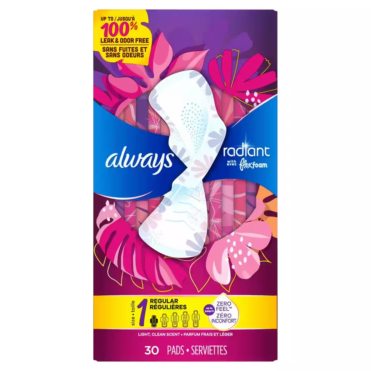 Always Radiant FlexFoam Pads with Wings, Scented, Size 1 30 Ct – 6 Pack