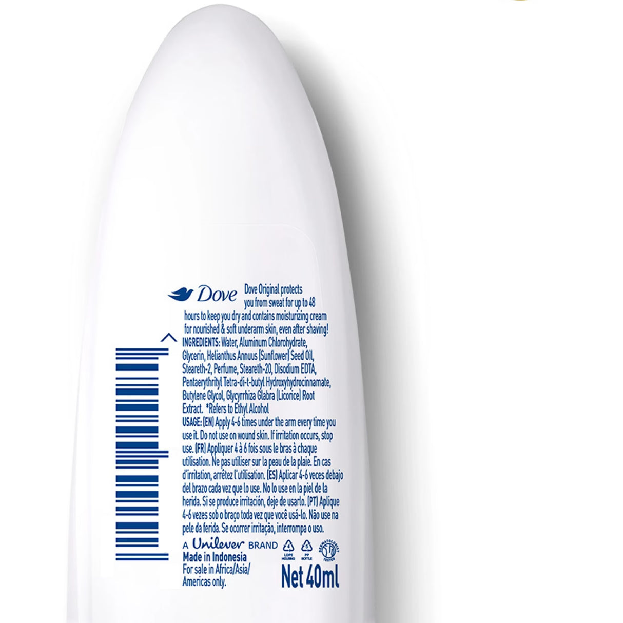Dove Antiperspirant Deodorant Roll-On, Original 40 ml – 6 Pack