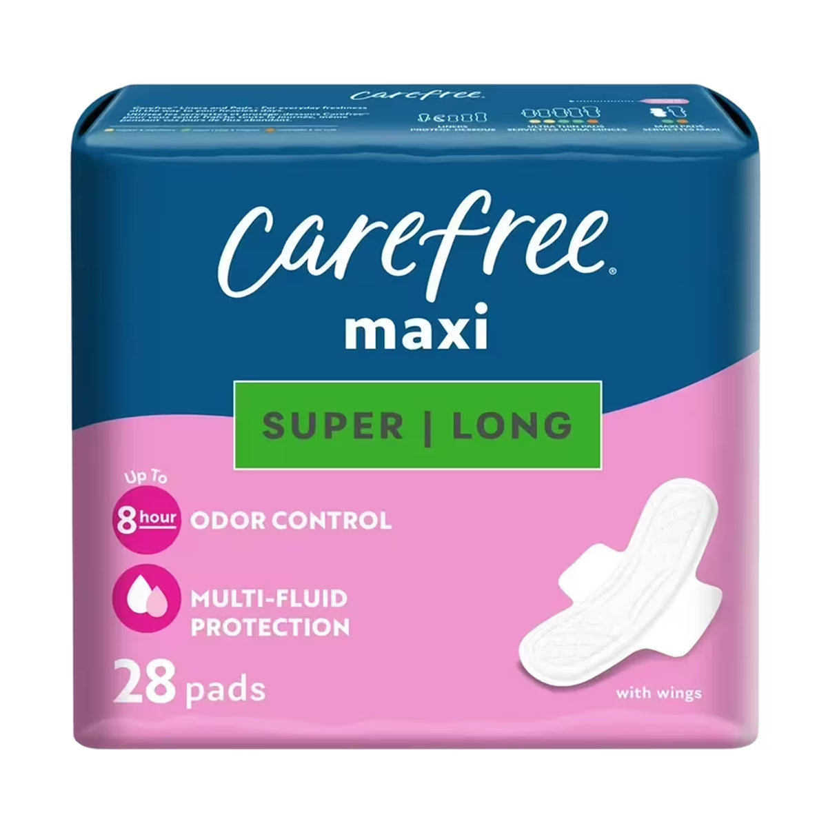 Carefree Maxi Super/Long Pads with Wings – 28 Pads – 4 Pack
