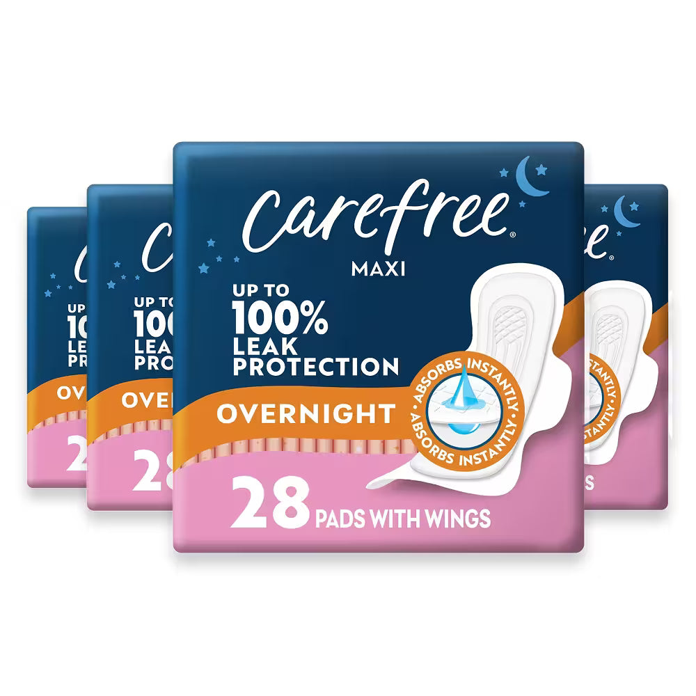 Carefree Maxi Overnight Pads with Wings – 28 Pads – 4 Pack