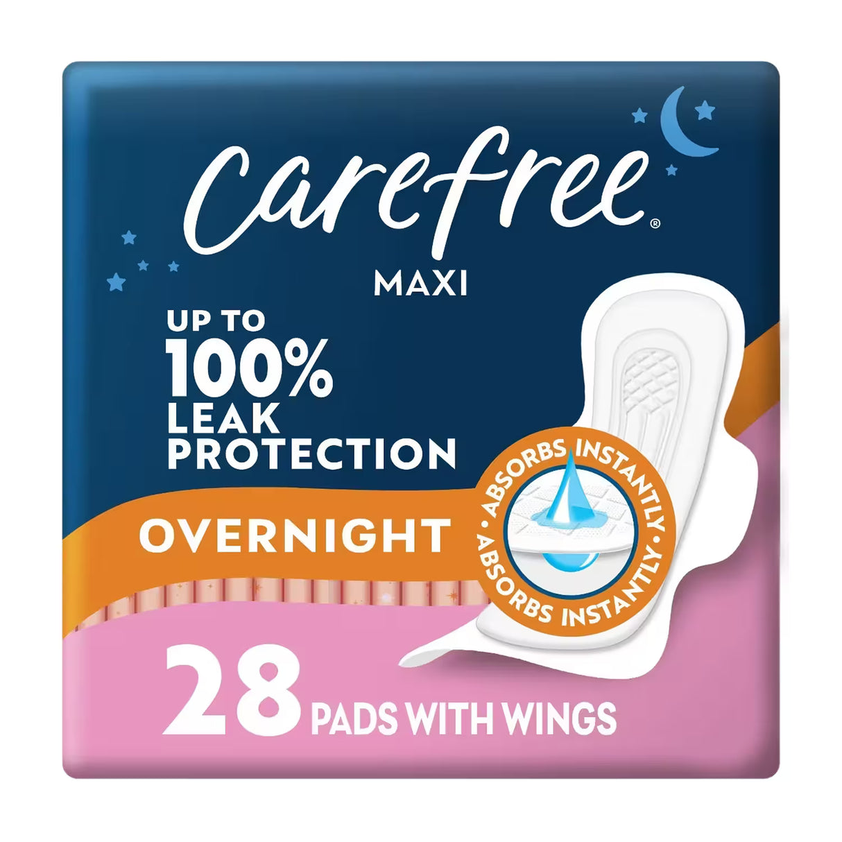 Carefree Maxi Overnight Pads with Wings – 28 Pads – 4 Pack