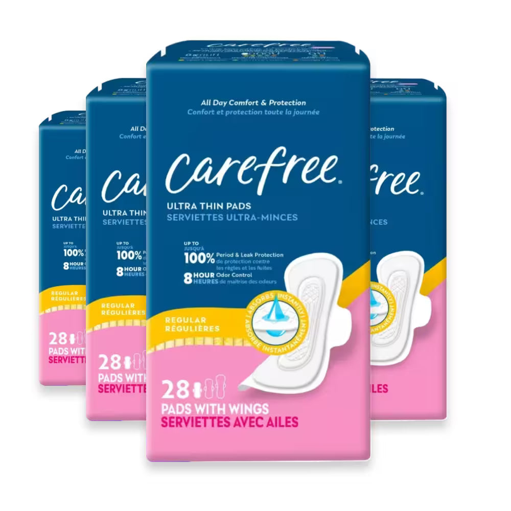 Carefree Ultra Thin Regular Pads with Wings – 28 Pads – 4 Pack