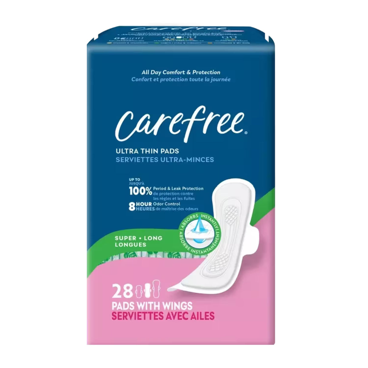 Carefree Ultra Thin Super/Long Pads with Wings – 28 Pads – 3 Pack