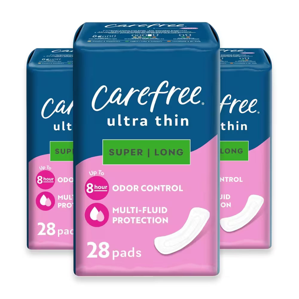 Carefree Ultra Thin Super/Long Pads without Wings – 28 Pads – 3 Pack