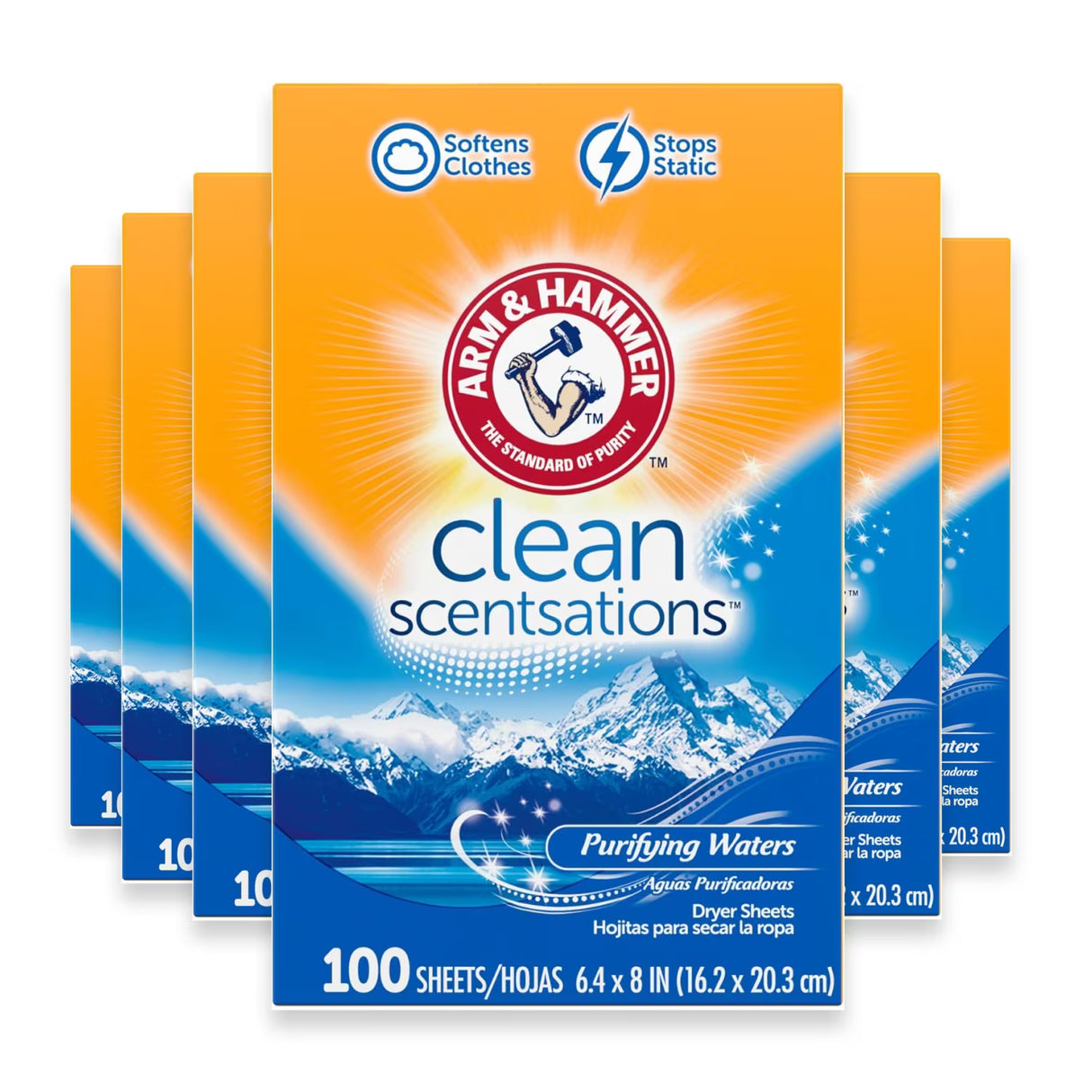 Arm & Hammer Dryer Sheets, Pure Waters Scent, 100 Count - 6 Pack