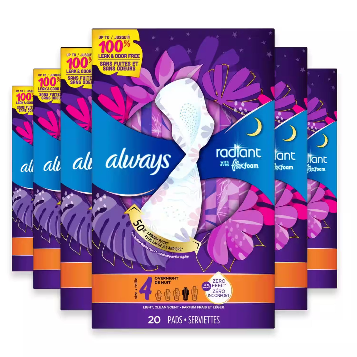 Always Radiant FlexFoam Overnight Pads with Wings, Scented, Size 4 20 Ct – 6 Pack