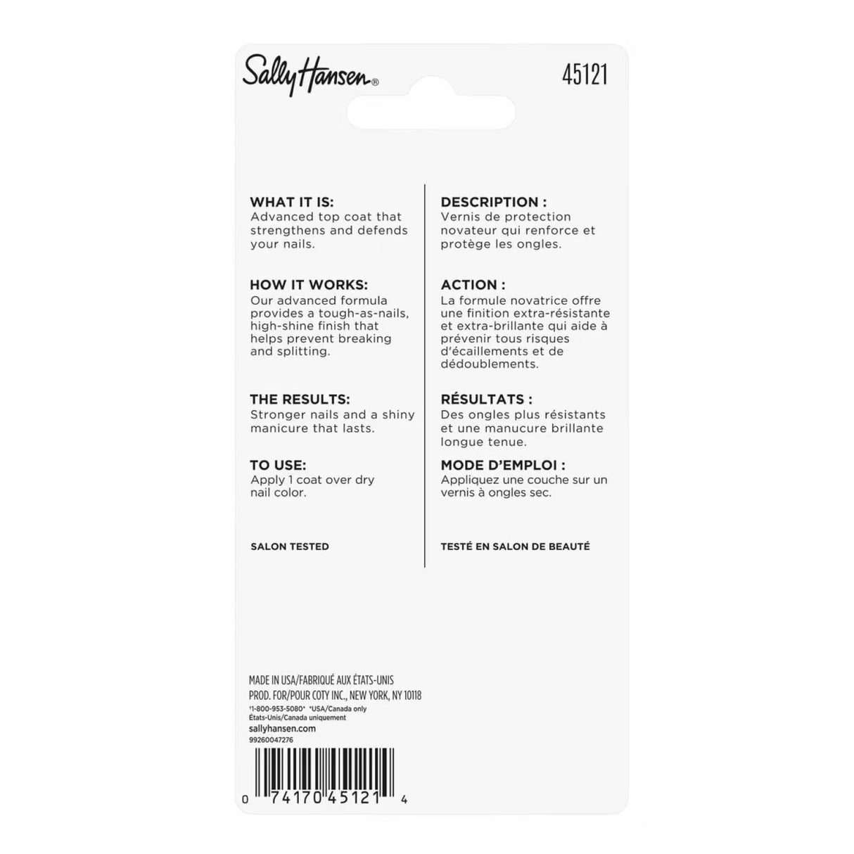 Sally Hansen Advanced Hard As Nails Strengthening Top Coat Clear High-Shine - 0.45 oz- 48 Pack