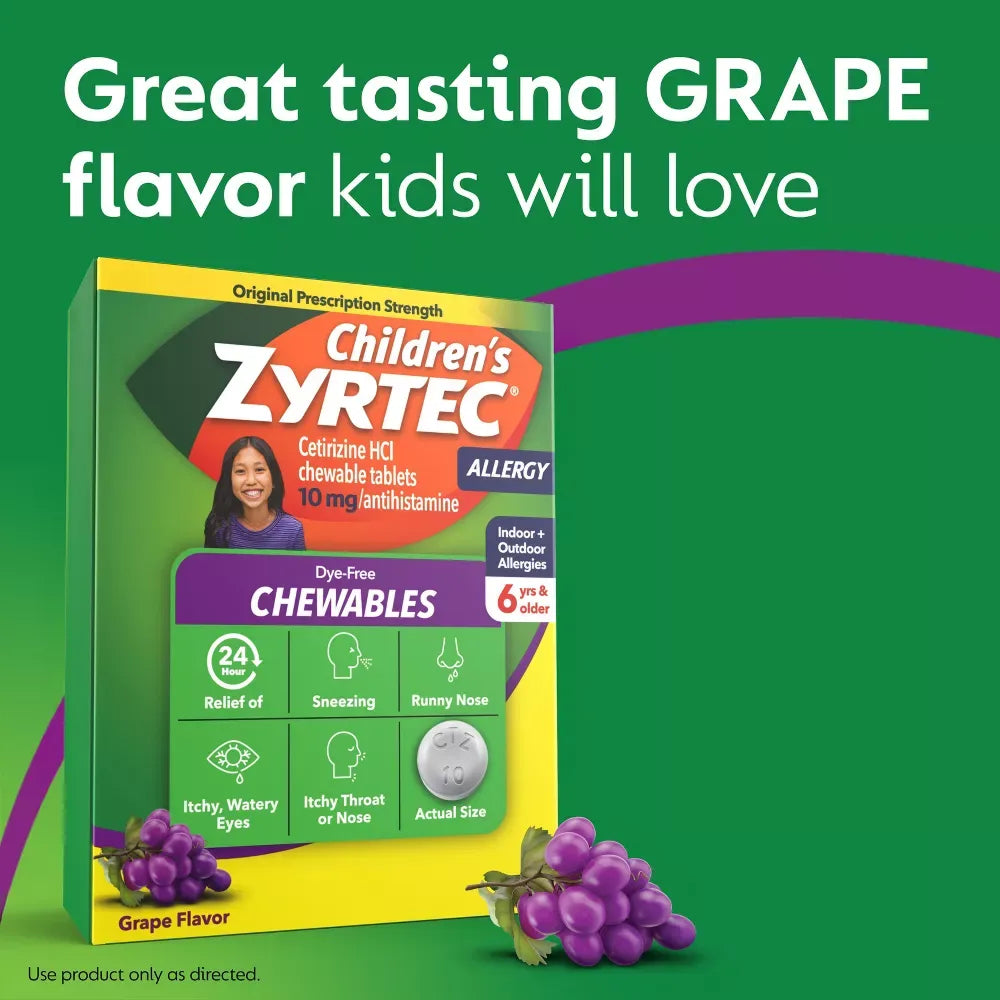 Zyrtec - Children's Dye Free Cetirizine 10mg Chewables, Grape - 24 Ct Each - 24 Pack
