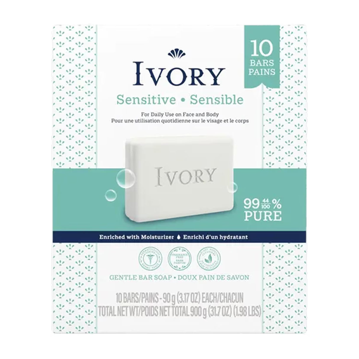 Ivory Sensitive Bar Soap, Sensitive, 3.1 oz - 10 Ct - 12 Pack