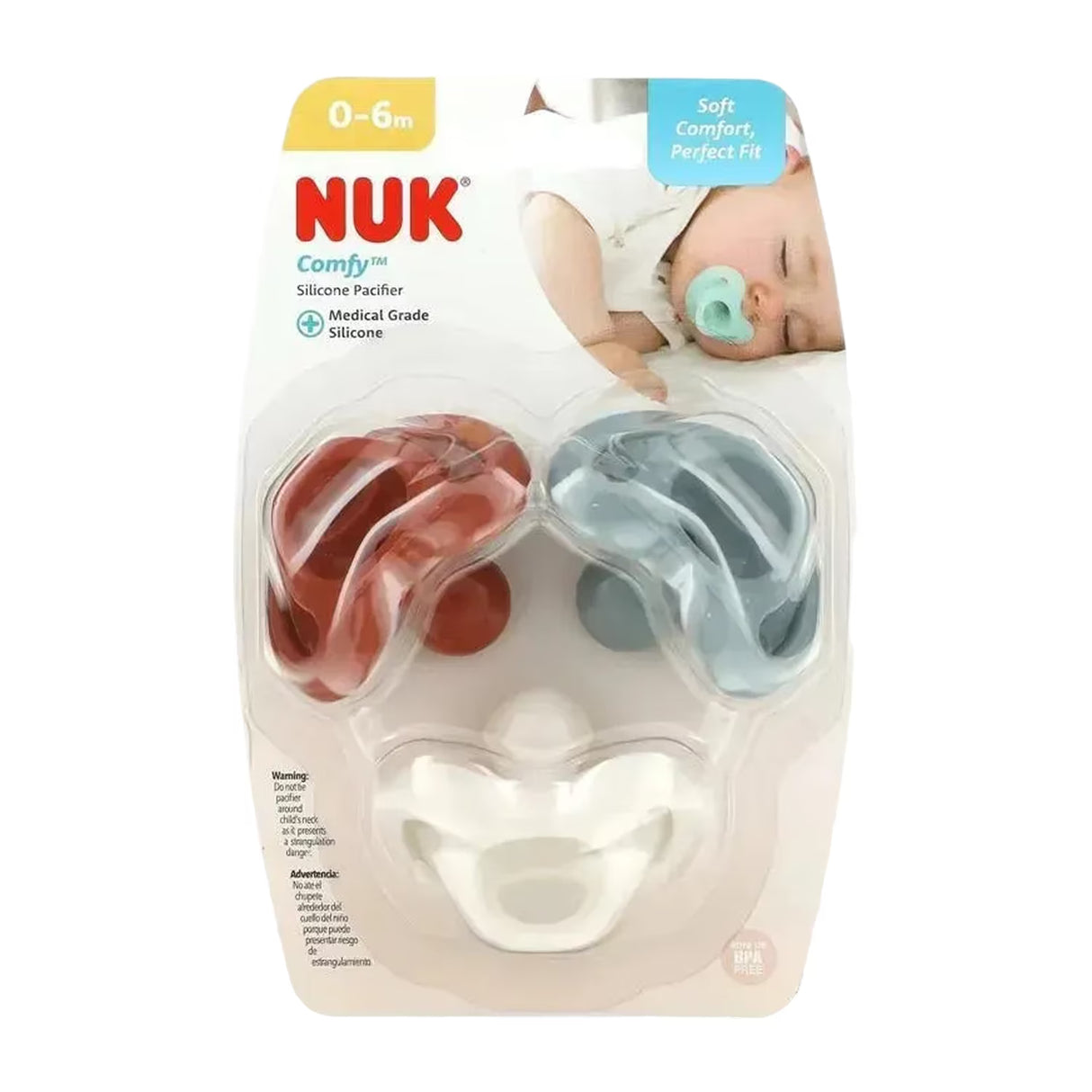 NUK - Comfy Silicone Pacifier, 0-6 Months, Earth Tones - 3 Count - 12 Pack