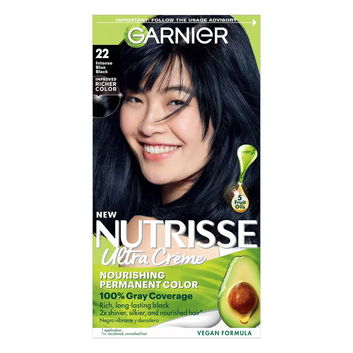 Garnier Nutrisse Ultra Crème Permanent Hair Color Kit, #22 Intense Blue Black - 12 Pack