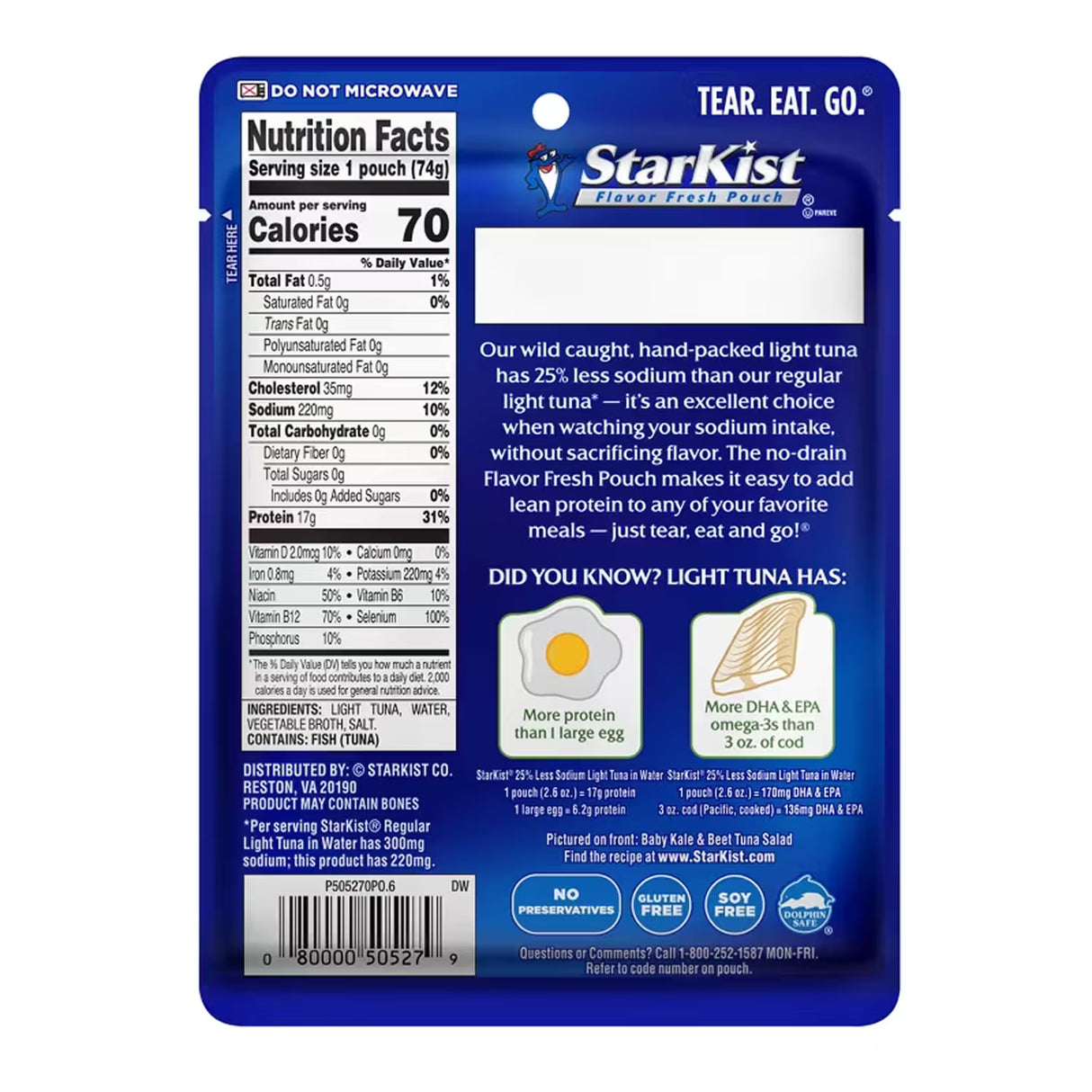StarKist Reduced Sodium Chunk Light Tuna in Water Pouch – 2.6 oz – 24 Pack