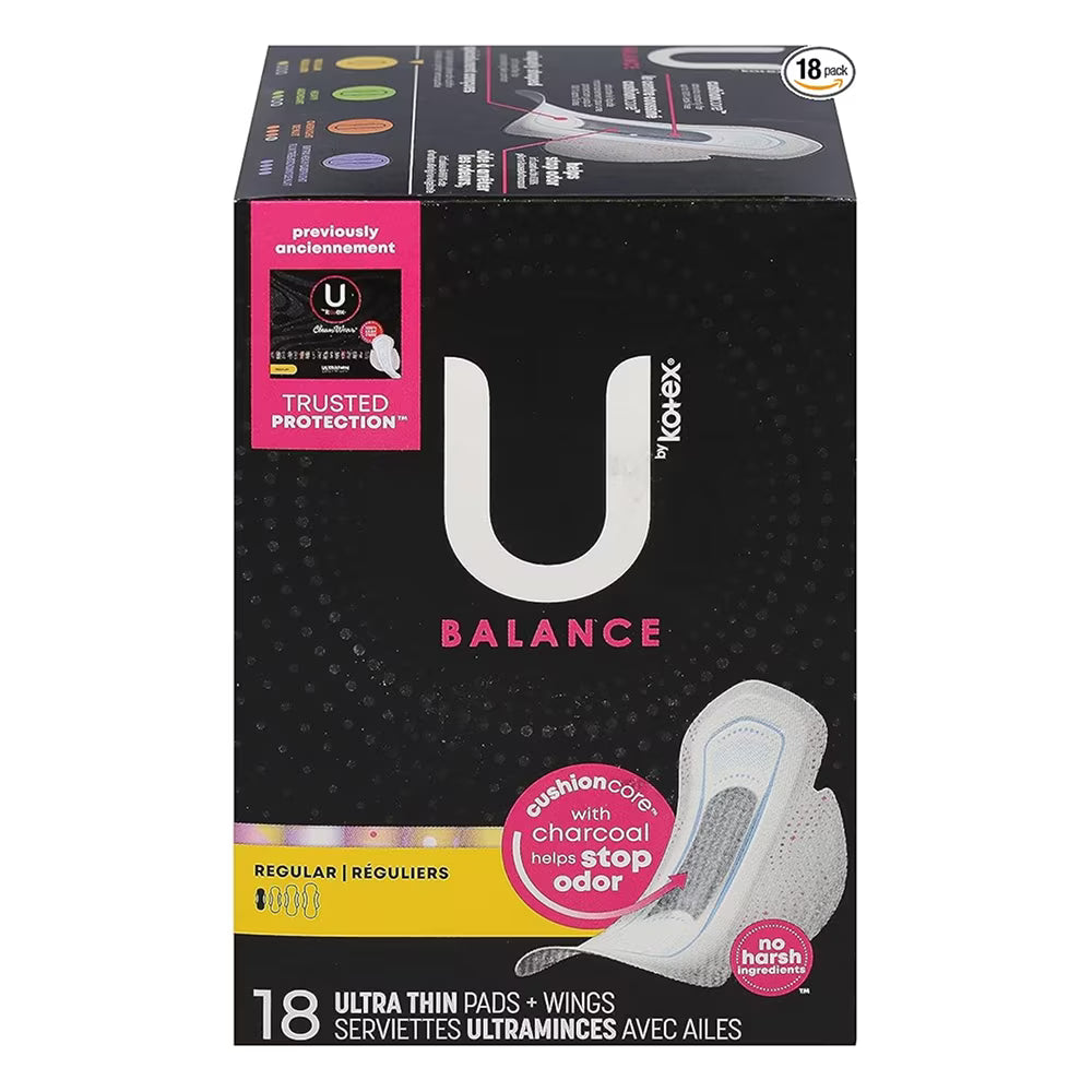 U by Kotex Balance Ultra Thin Maxi Pads with Wings - 18 Ct - 6 Pack