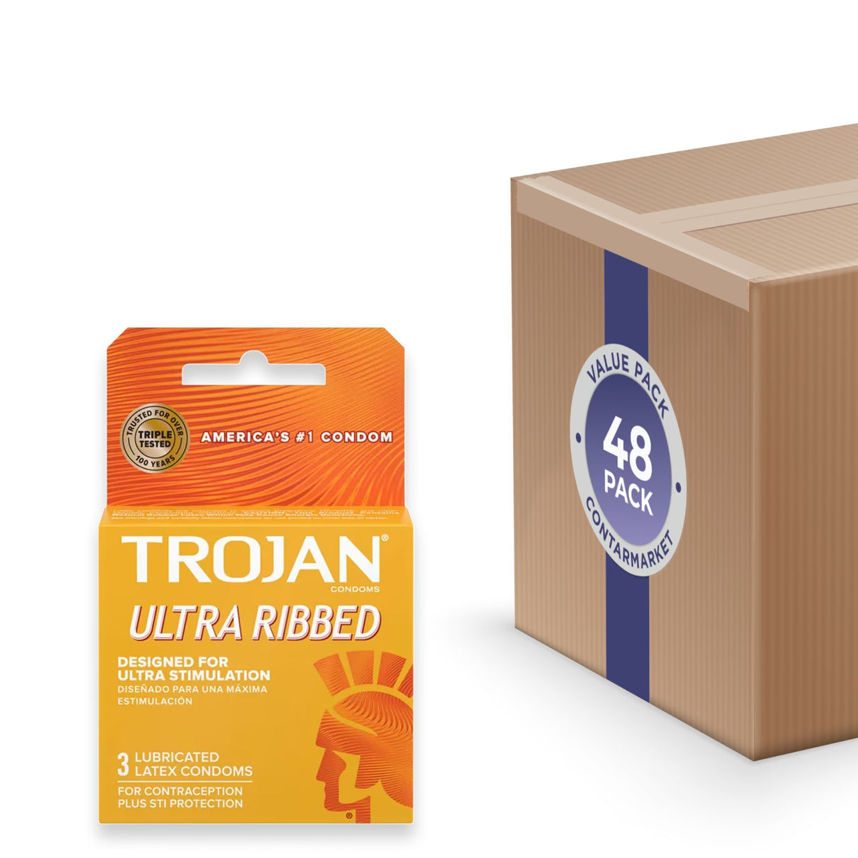 Trojan Lubricated Condoms, Ultra Ribbed, 3 Ct - 48 Pack