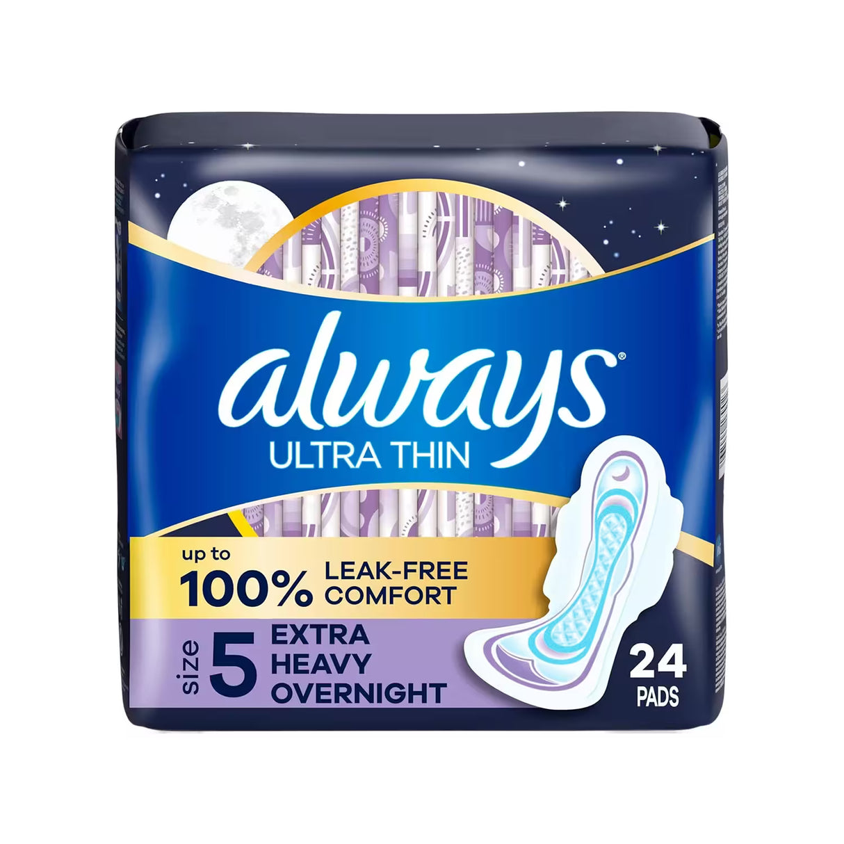 Always Ultra Thin Overnight Pads with Wings, Size 5 – 24 Ct – 3 Pack