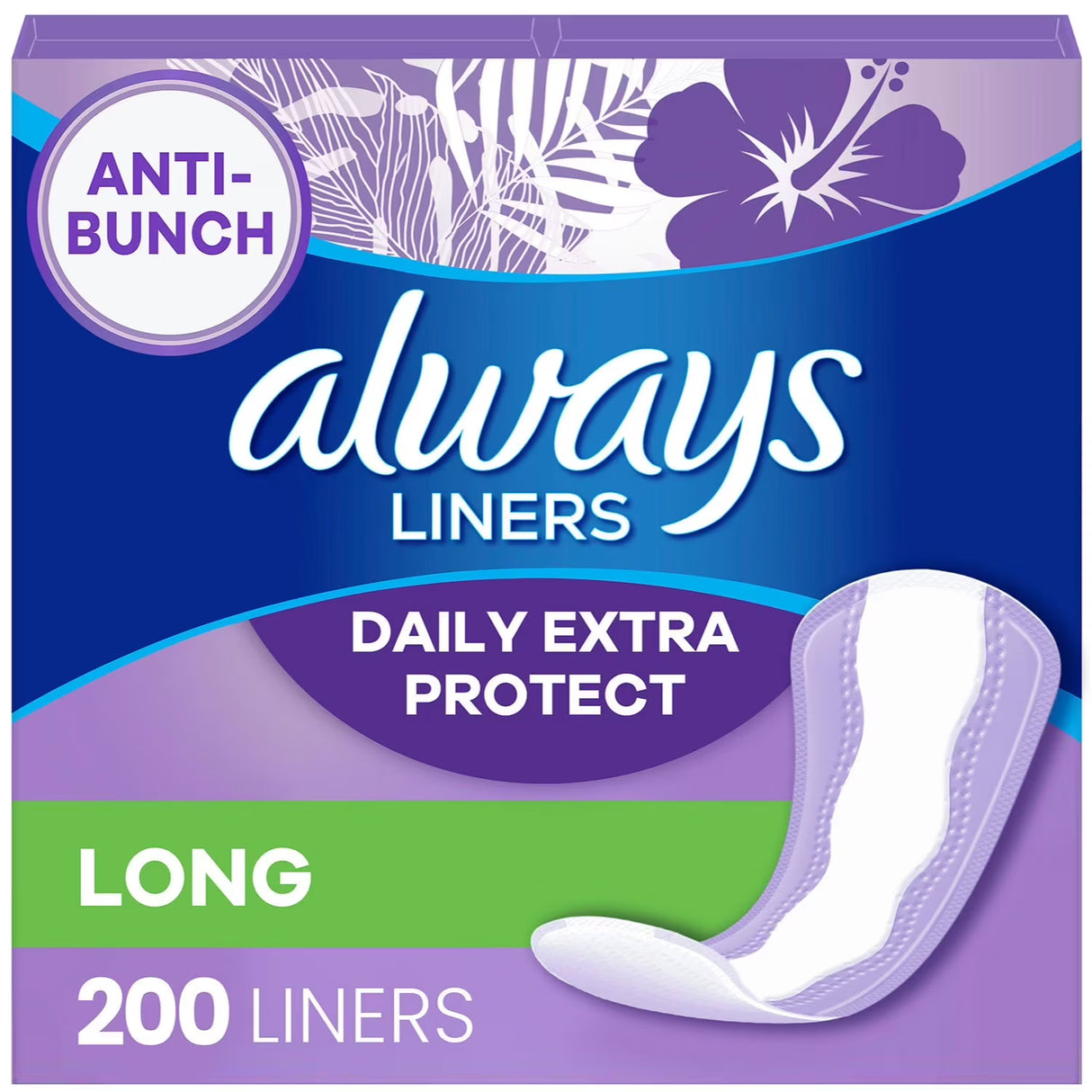 Always Anti-Bunch Xtra Protection Daily Liners, Long, Unscented - 200 Ct