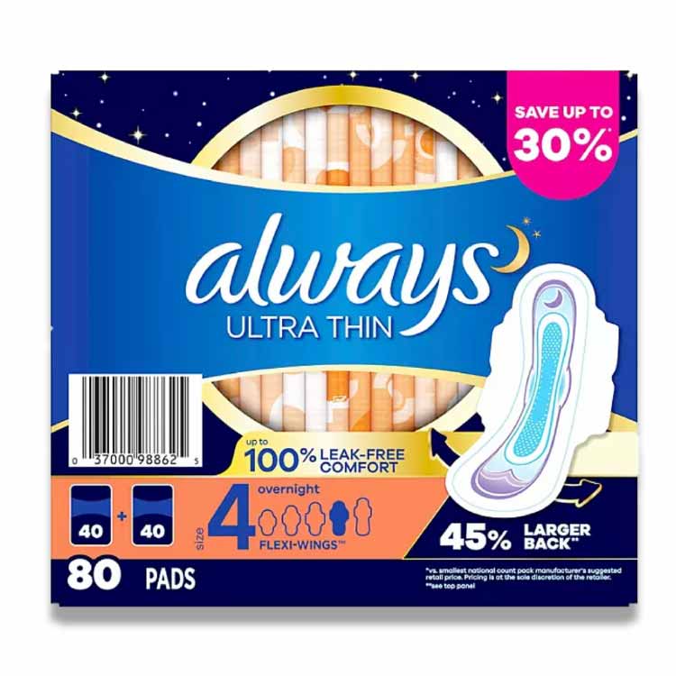 Always - Ultra Thin Size 4 Overnight Pads With Wings, Unscented - 80 Ct