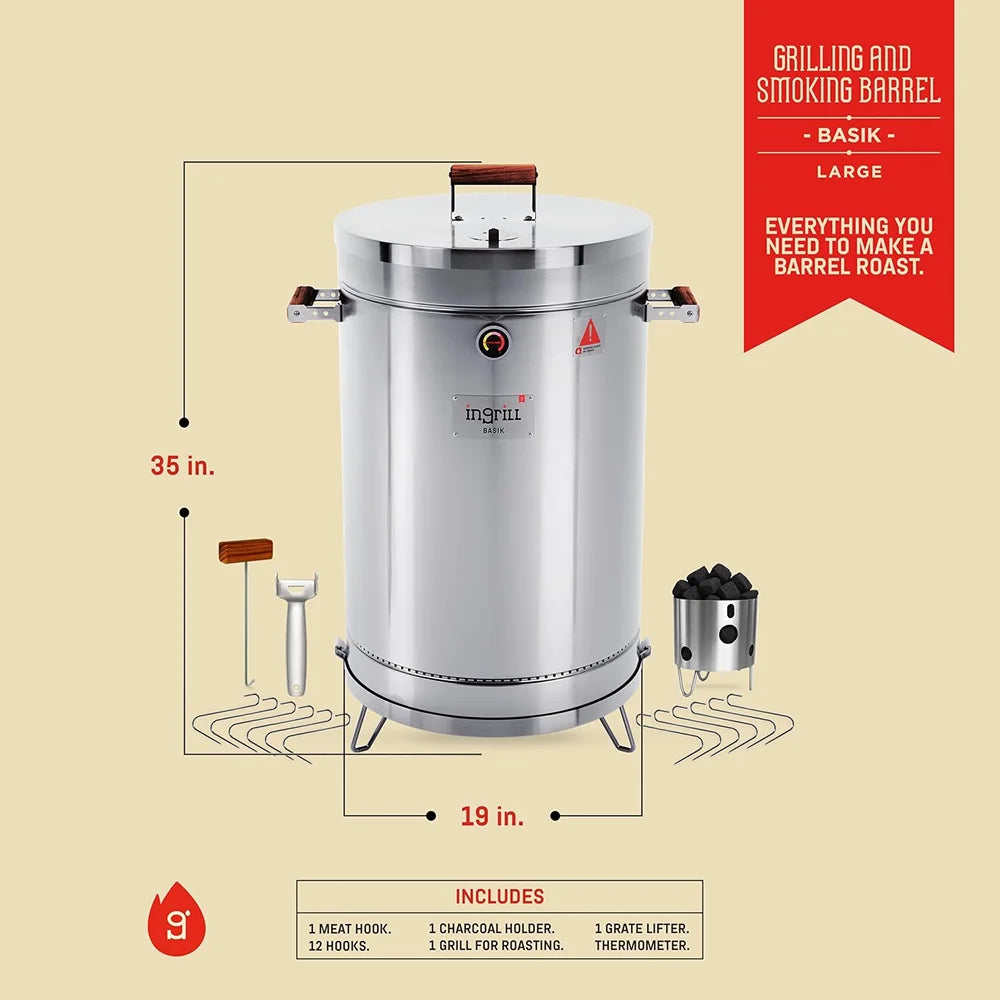 INGRILL 3-in-1 Basic Large Stainless Steel Smoker Barrel Grill – Portable Charcoal BBQ with Thermometer, 40 lbs, Perfect for Camping, Backyard & Home BBQ