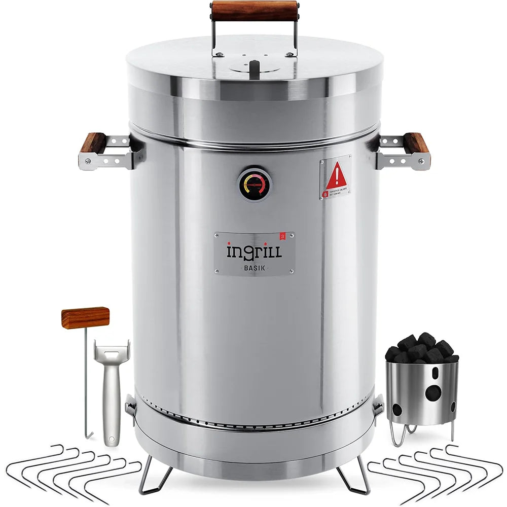 INGRILL 3-in-1 Basic Medium Stainless Steel Smoker Barrel Grill – Portable Charcoal BBQ with Thermometer, 25 lbs, Perfect for Camping, Backyard & Home BBQ