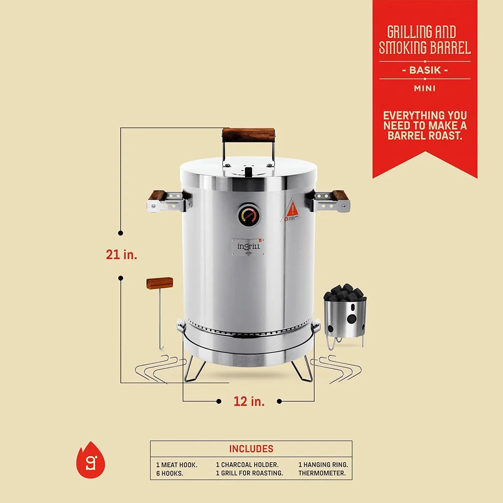 INGRILL 3-in-1 Basic Mini Stainless Steel Charcoal Smoker Grill – Ultra-Portable BBQ with Thermometer & Accessories, 6 lbs, Perfect for Camping, Backyard & Home BBQ