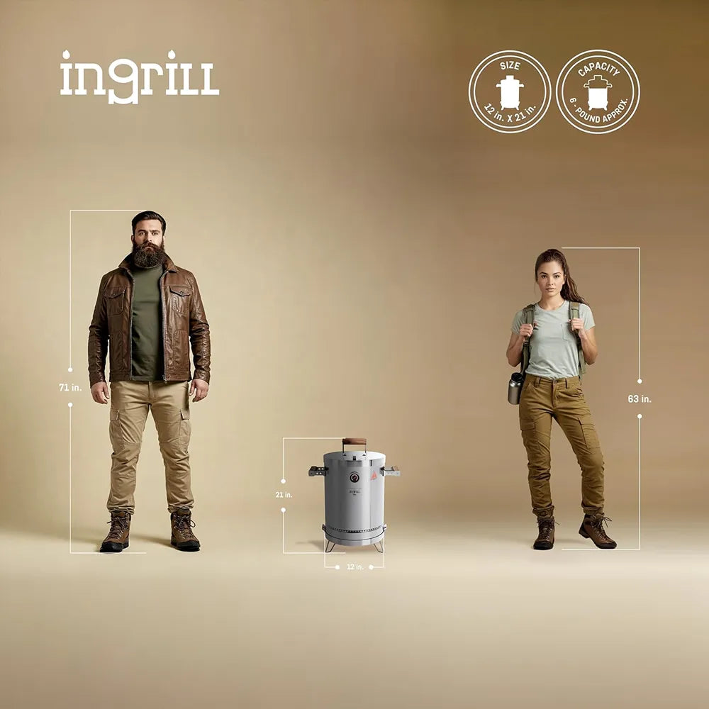 INGRILL 3-in-1 Basic Mini Stainless Steel Charcoal Smoker Grill – Ultra-Portable BBQ with Thermometer & Accessories, 6 lbs, Perfect for Camping, Backyard & Home BBQ