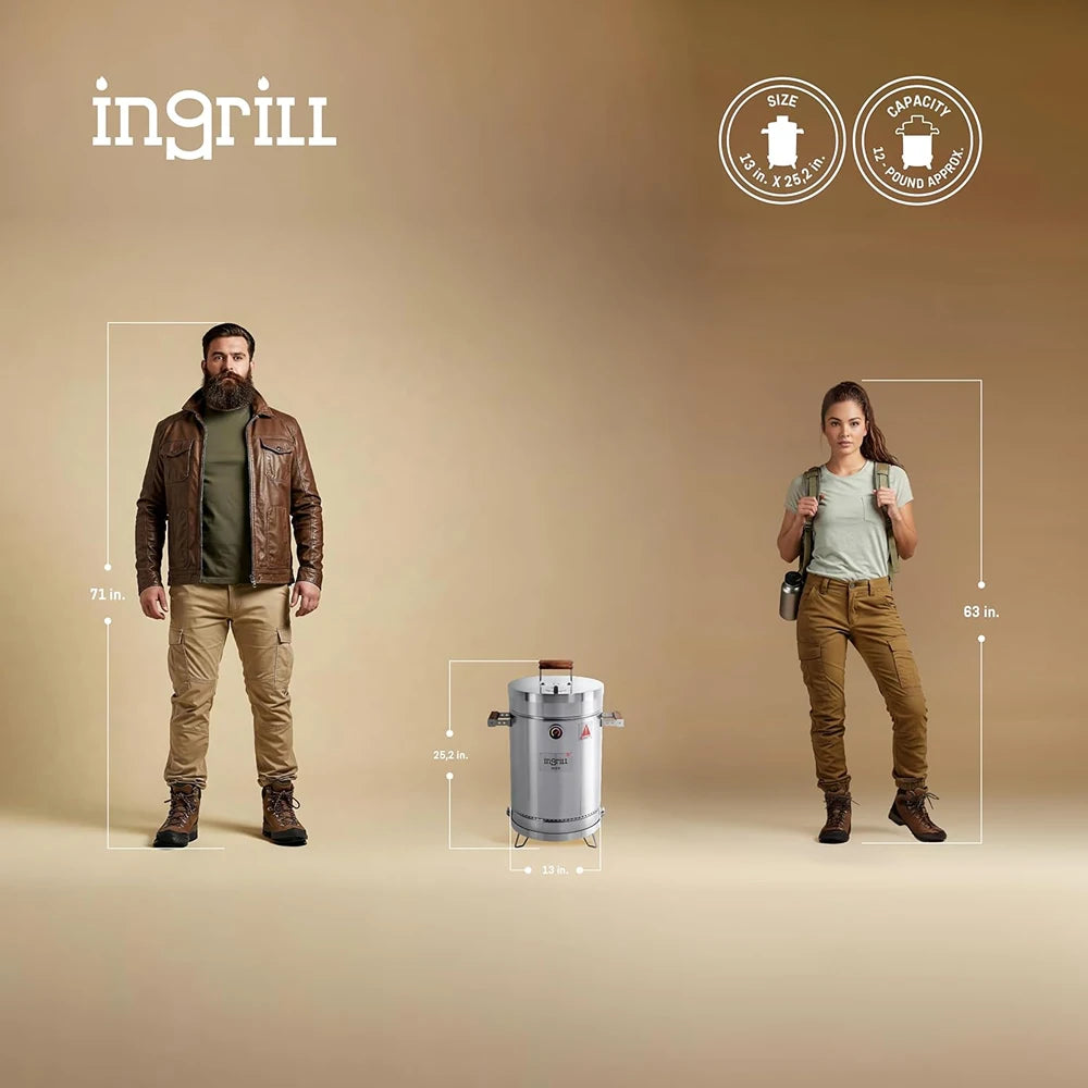 INGRILL 3-in-1 Basic Small Stainless Steel Smoker Barrel Grill – Portable Charcoal BBQ with Thermometer, 12 lbs, Perfect for Camping, Backyard & Home BBQ