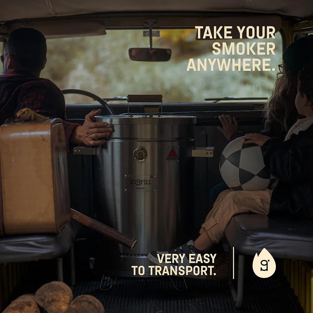 INGRILL 3-in-1 Basic Small Stainless Steel Smoker Barrel Grill – Portable Charcoal BBQ with Thermometer, 12 lbs, Perfect for Camping, Backyard & Home BBQ