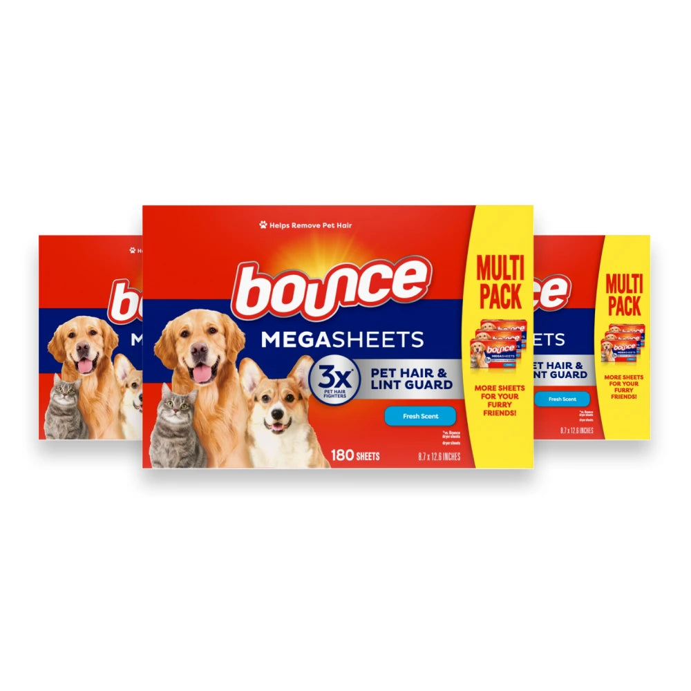 Bounce - Pet Hair and Lint Guard Mega Fabric Softener Dryer Sheets with 3X, Fresh Scent - 180 Ct - 3 Pack