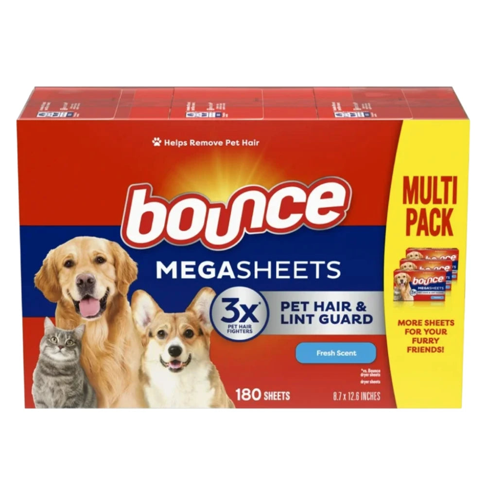 Bounce - Pet Hair and Lint Guard Mega Fabric Softener Dryer Sheets with 3X, Fresh Scent - 180 Ct - 3 Pack