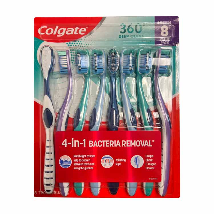 Colgate - 360 Whole Mouth Clean Manual Toothbrush, Adult Medium - 8 Pack