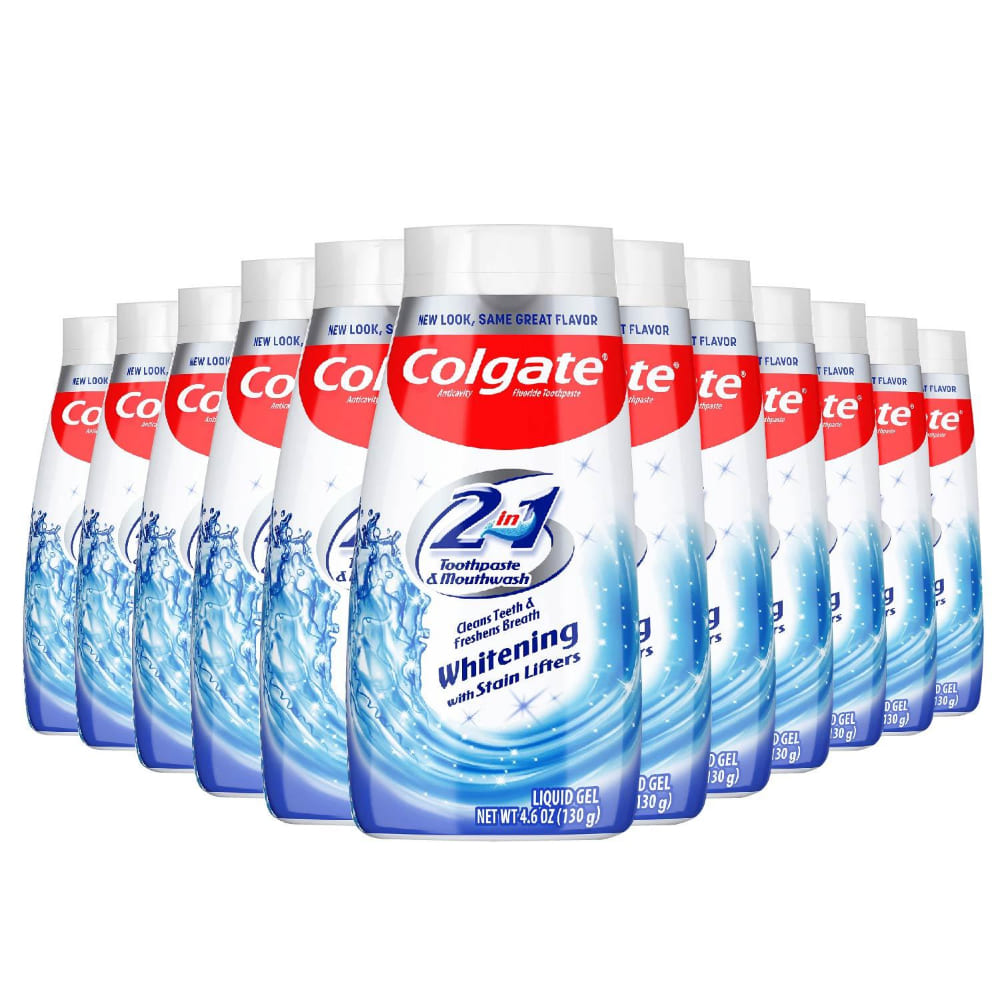 Colgate 2 in 1 Whitening W/ Stain Lifters Toothpaste Blue Gel & Mouthwash 4.6 Oz - 12 pack