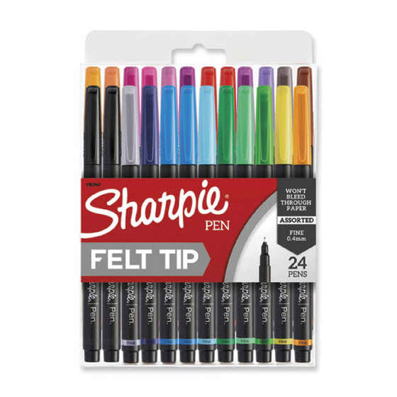 Sharpie Art Pen Porous Point Pen Fine 0.4 mm, Assorted Ink Colors, Black Barrel, 24 Pack | Sharpie - Office Supplies Pack