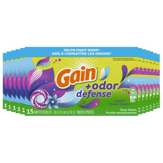 Gain - Odor Defense Dryer Sheets, Super Fresh Blast Scent - 15ct - 12 Pack | Gain - Household - Wholesale