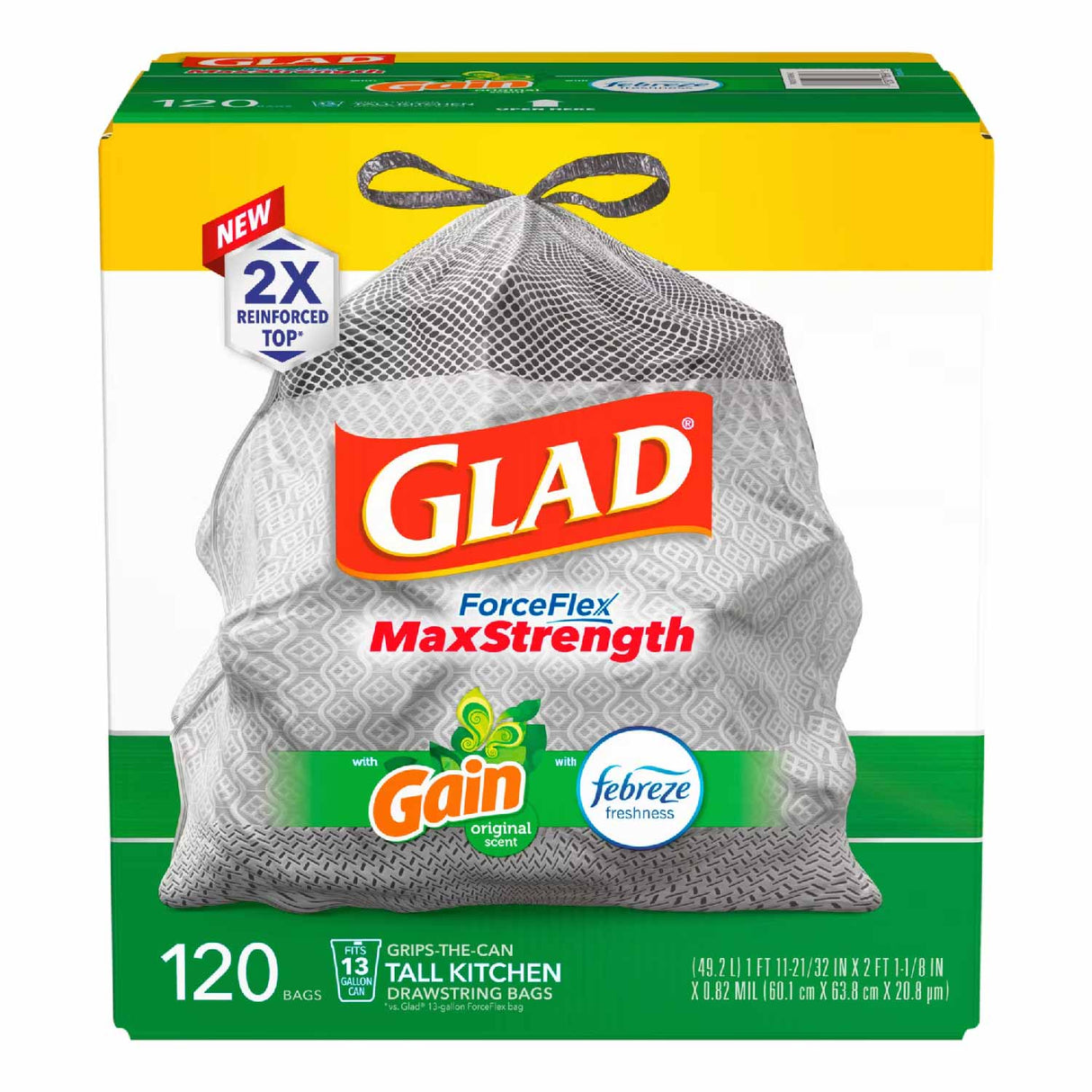 Glad ForceFlex Plus Tall Kitchen 13 Gallon Drawstring Trash Bags Gain With Febreze - 120 Ct