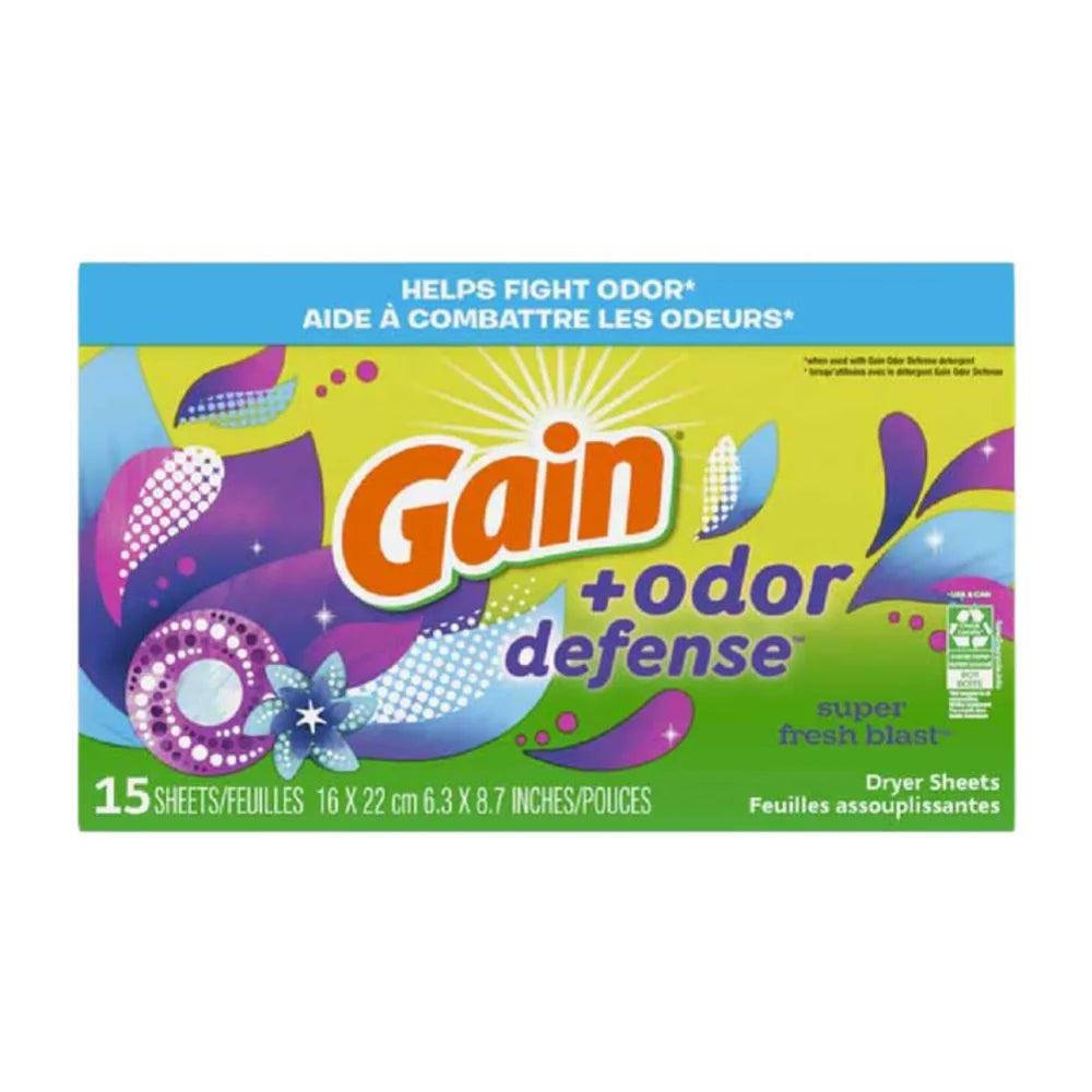 Gain - Odor Defense Dryer Sheets, Super Fresh Blast Scent - 15ct - 96 Pack