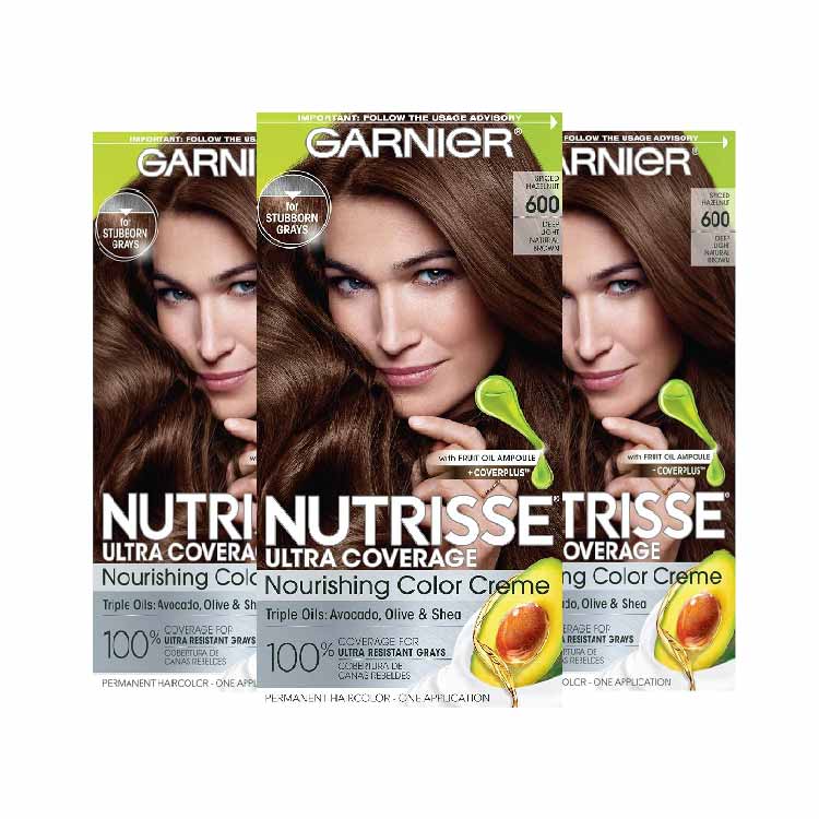 Garnier Nutrisse - Ultra Coverage 100% Gray Coverage Permanent Hair, Color Neutral Light Brown 600 - 3 Pack - Open Box -