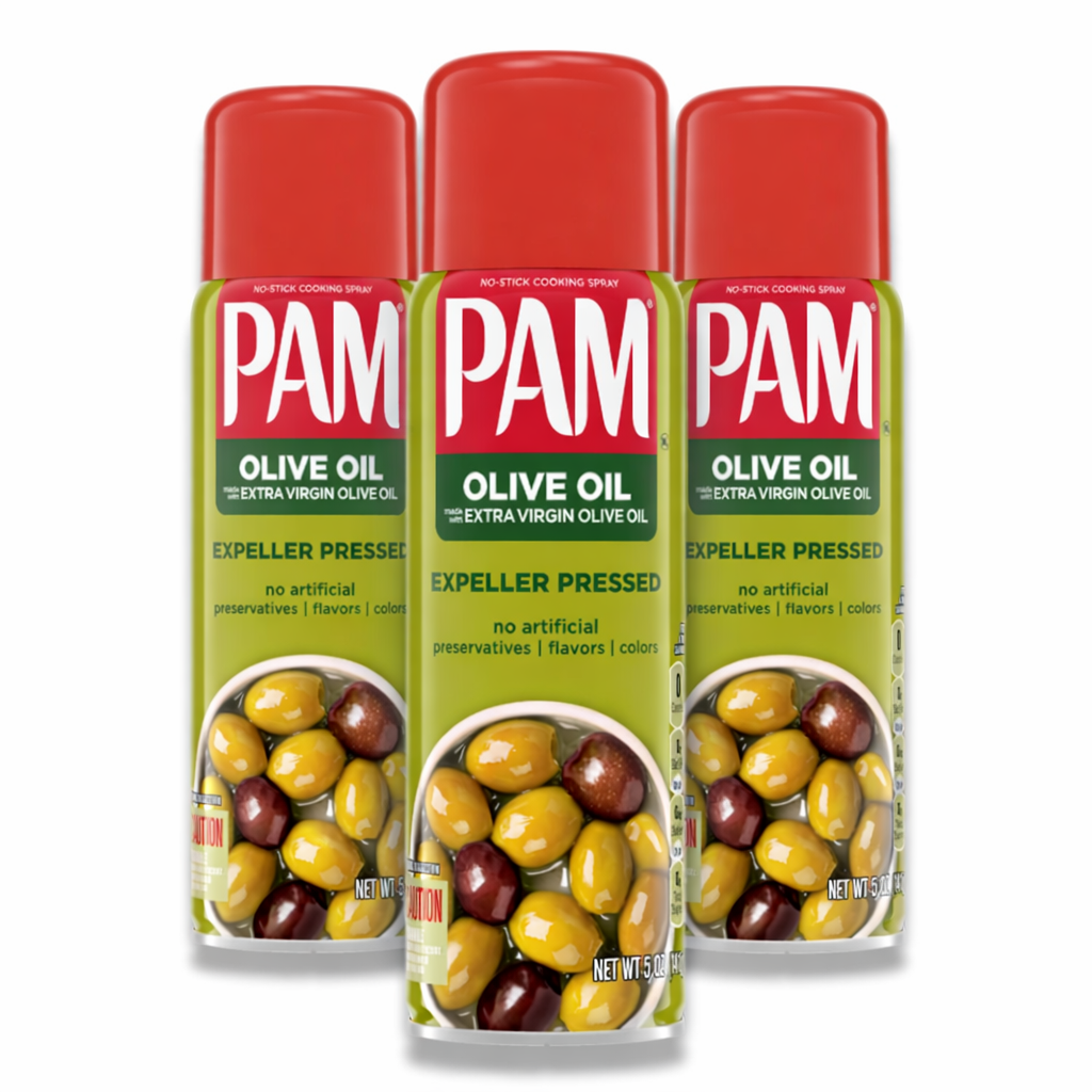 Three cans of Pam Olive Oil cooking spray on a white background