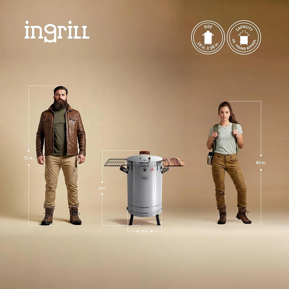 INGRILL 3-in-1 Premium Stainless Steel Smoker Barrel Grill – Portable Charcoal BBQ with Thermometer, 40 lbs, Perfect for Camping, Backyard & Home BBQ - Large Size -