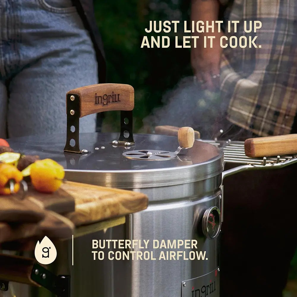 INGRILL 3-in-1 Premium Stainless Steel Smoker Barrel Grill – Portable Charcoal BBQ with Thermometer, 40 lbs, Perfect for Camping, Backyard & Home BBQ - Large Size -